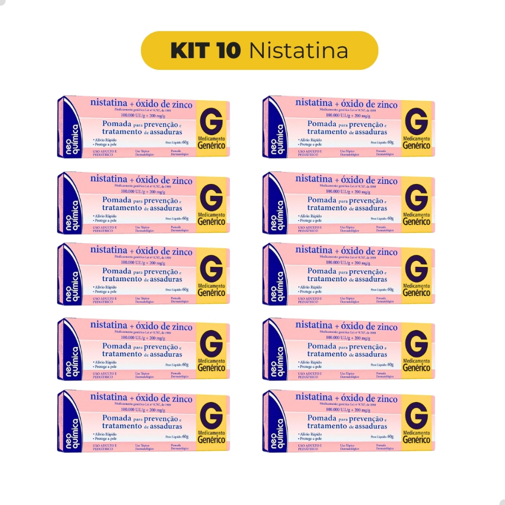Kit 10 Nistatina + Ox de Zinco - 60g Assaduras Proteção Antifúngica Tratamento Pele Irritada Eficaz