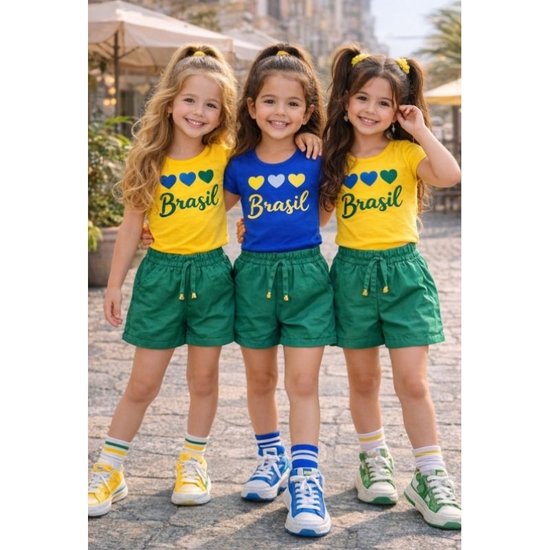 conjunto kit copa infantil menina garota 2 peças body shorts verde amarelo azul com brilho blogueirinha