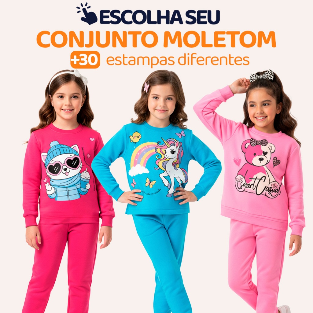 Conjunto Moletom Infantil Menina Blusa e Calça Manga Longa Roupa de Frio Inverno Criança Feminino Agasalho Estampado L08