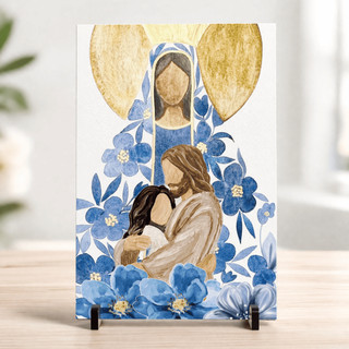 Quadro MDF Nossa Senhora com Jesus e Menina 29x21cm com Suporte | Decorativo Religioso Católico | Presente de Fé Placa