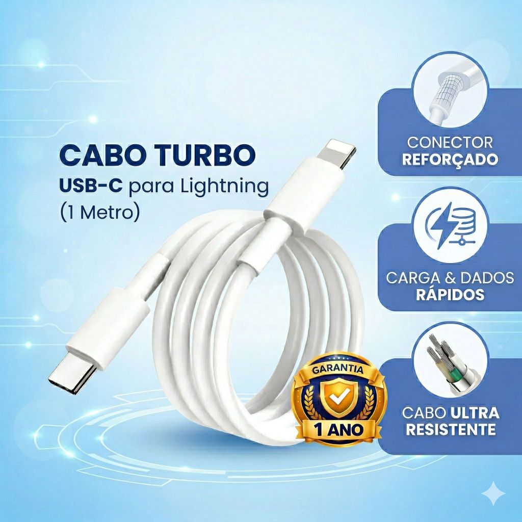 Cabo iPhone Tipo C Lightning 1m Turbo Rápido Certificado 6 ao 14 Pro Max