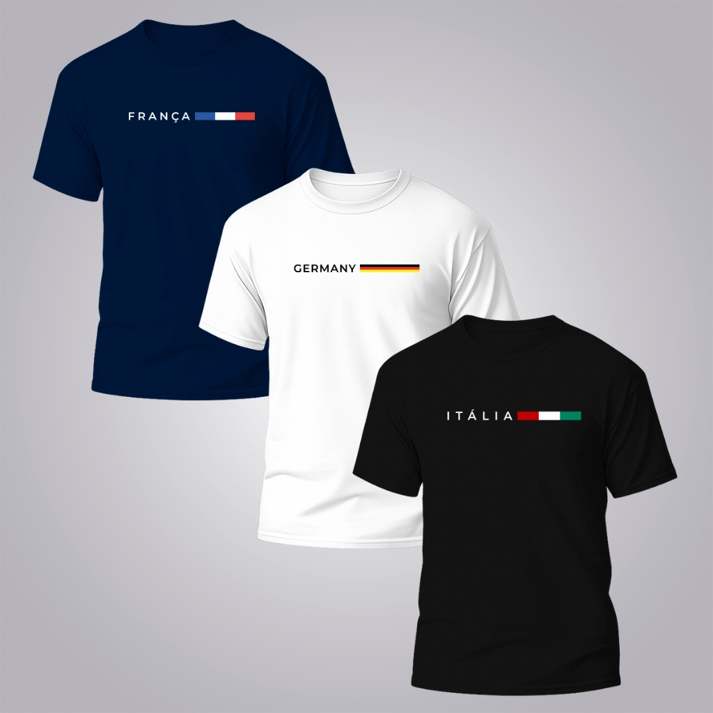 Camiseta Masculina Estampa Países Europa – França Alemanha e Itália Camisa Casual Algodão Premium