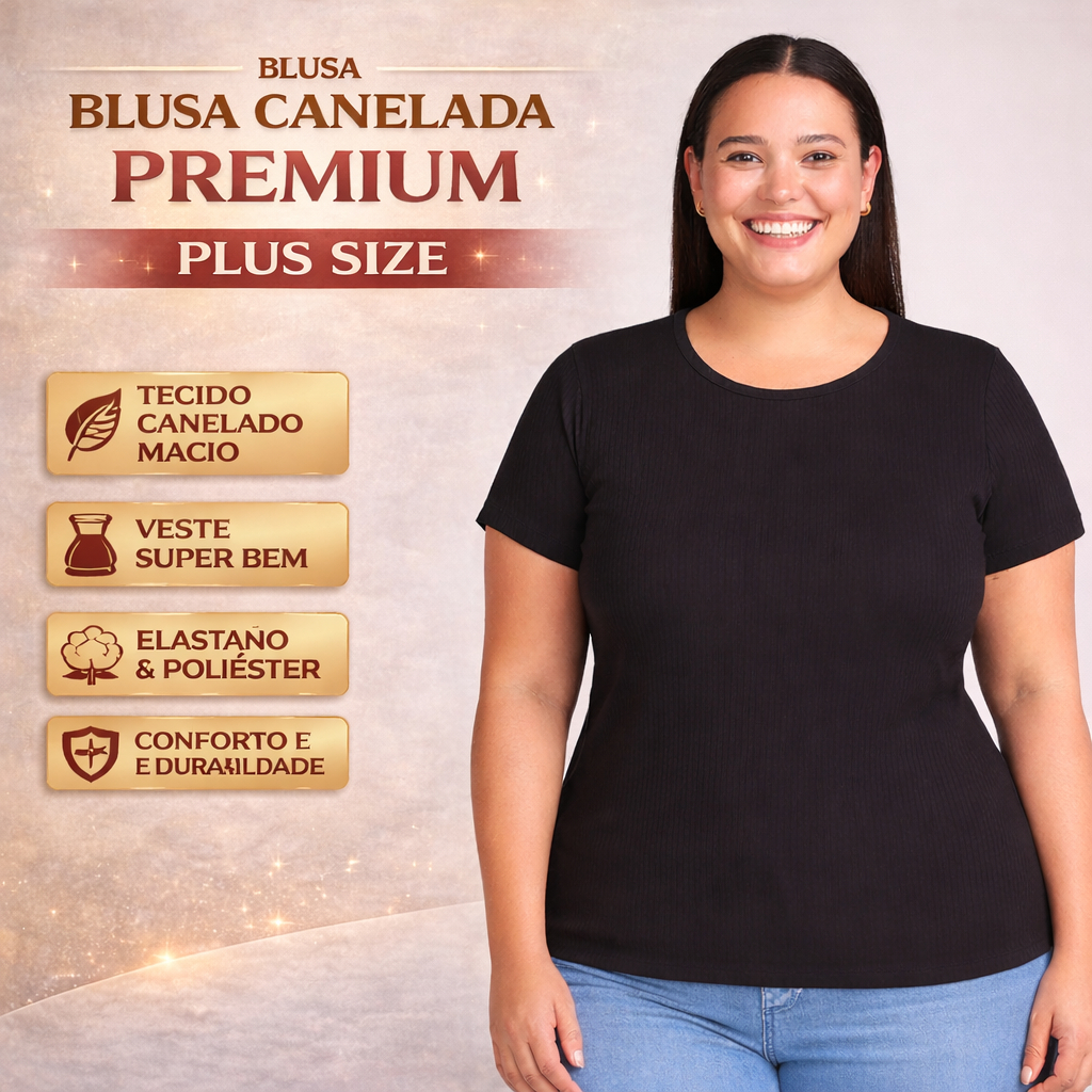 Blusa Canelada Feminina Plus Size Manga Curta Ajustada Confortável Moda Casual Dia a Dia 25720-C2
