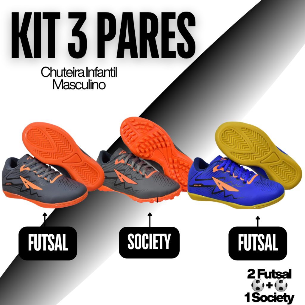 Kit 3 Pares Chuteira Infantil Masculino Futsal+Society Antiderrapante Campo+Quadra Costurada Criança