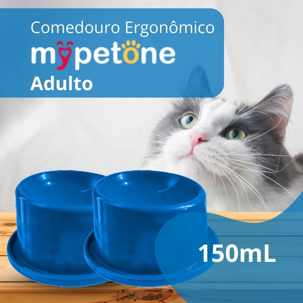 2 Comedouro Cão e Gato Ergonômico Alto 150ml Mypetone Azul Adulto/Filhotes