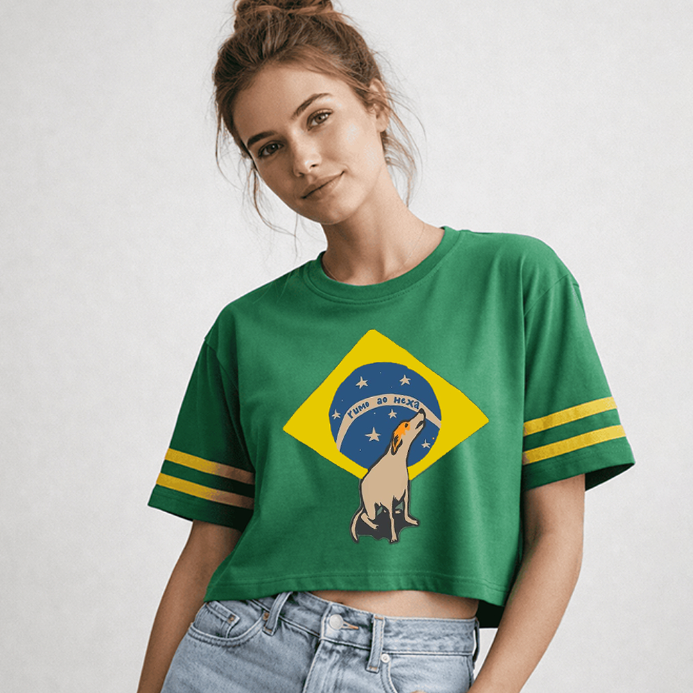 Blusa Cropped Oversized Algodão Brasil Copa do Mundo Futebol Bandeira Vira-Lata Caramelo Cachorro