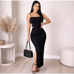 Vestido Feminino Canelado Longo de Alcinha Lascado Lançamento Verao Arraso