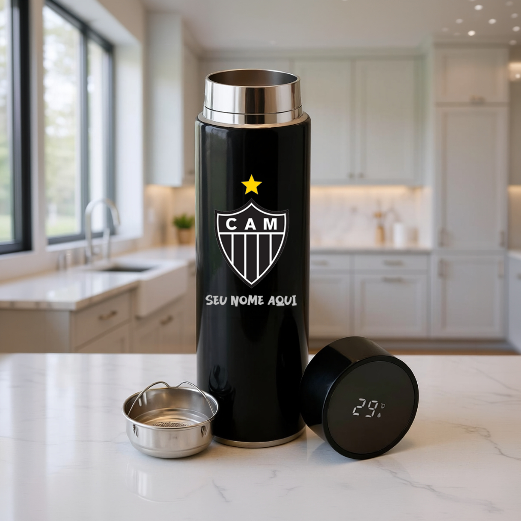 Garrafa Térmica 500ml Personalizada Atlético Mineiro + Nome Sensor Temperatura Inox DTF UV