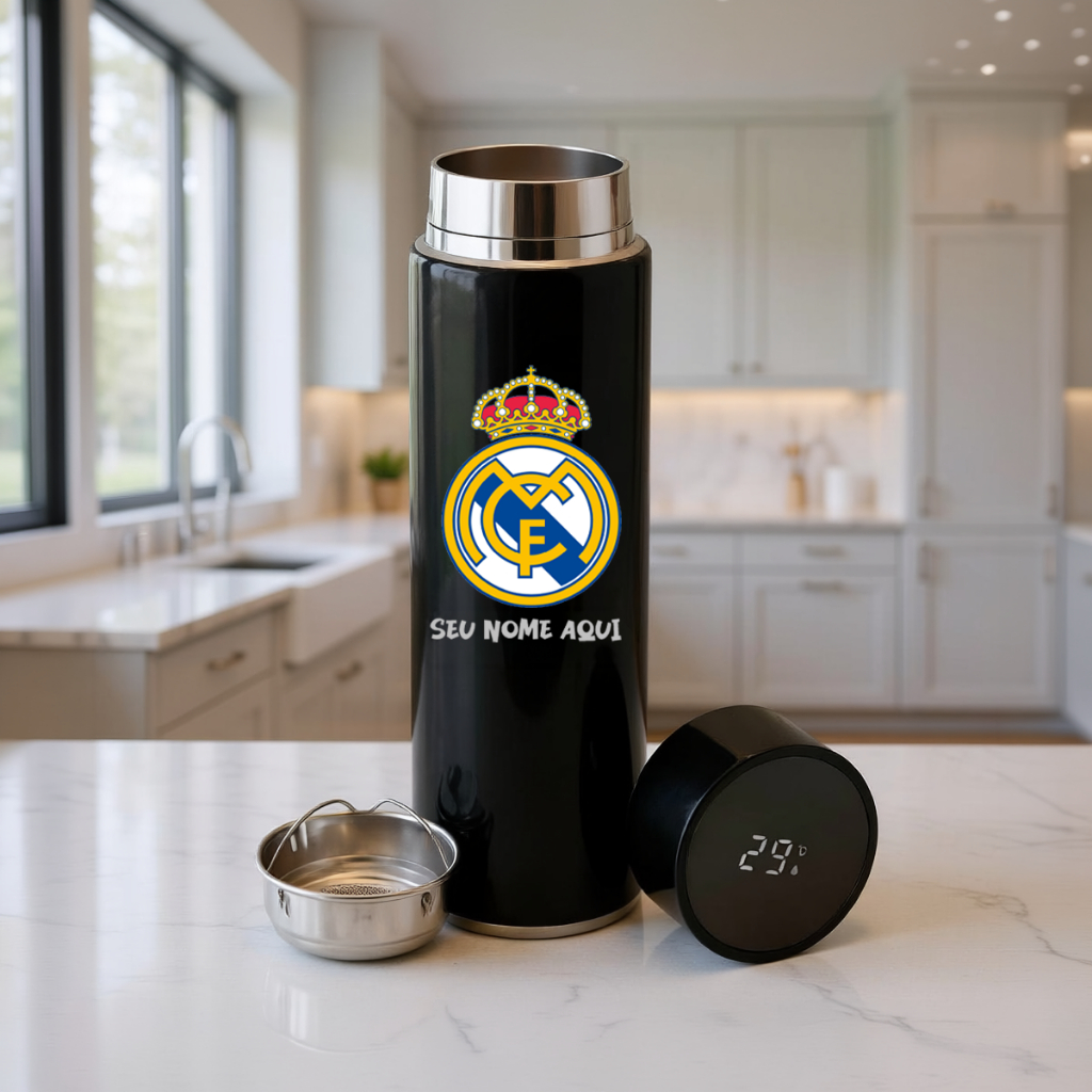 Garrafa Térmica 500ml Personalizada Real Madrid + Nome Sensor Temperatura Inox DTF UV
