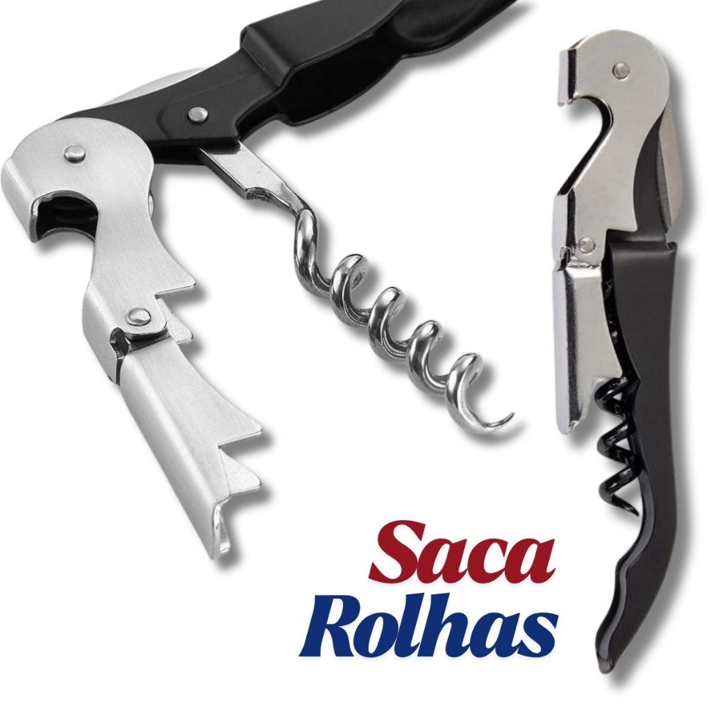 Saca Rolha Dois Estágios Abridor de Garrafa Vinho Aço Inox Com Cortador de Lacre Profissional
