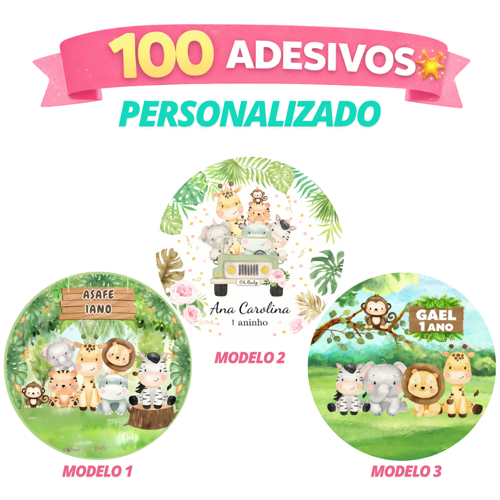 Kit de 100 Etiquetas Adesivas Redonda Personalizadas Safári | Vário modelos | Lembrancinha - Aniversário, mesversário