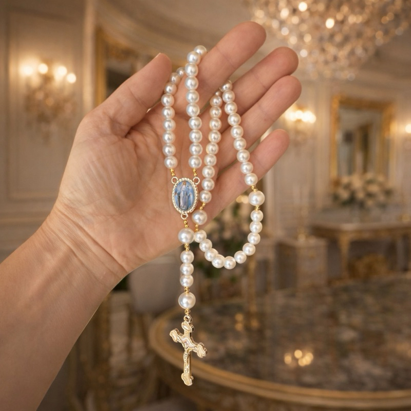 Terço Nossa Senhora das Graças (ou outro santo) Luxo kit com Caixa de presente e organza | rosário