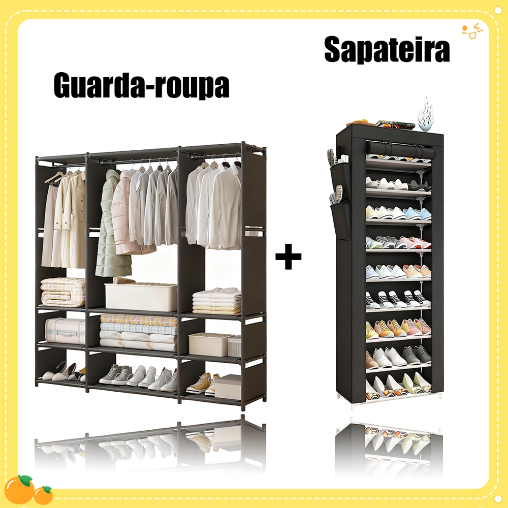 Kit Guarda-Roupa  + Sapateira 8 Andares  Organizador de Roupas e Calçados em Metal Preto, Branco