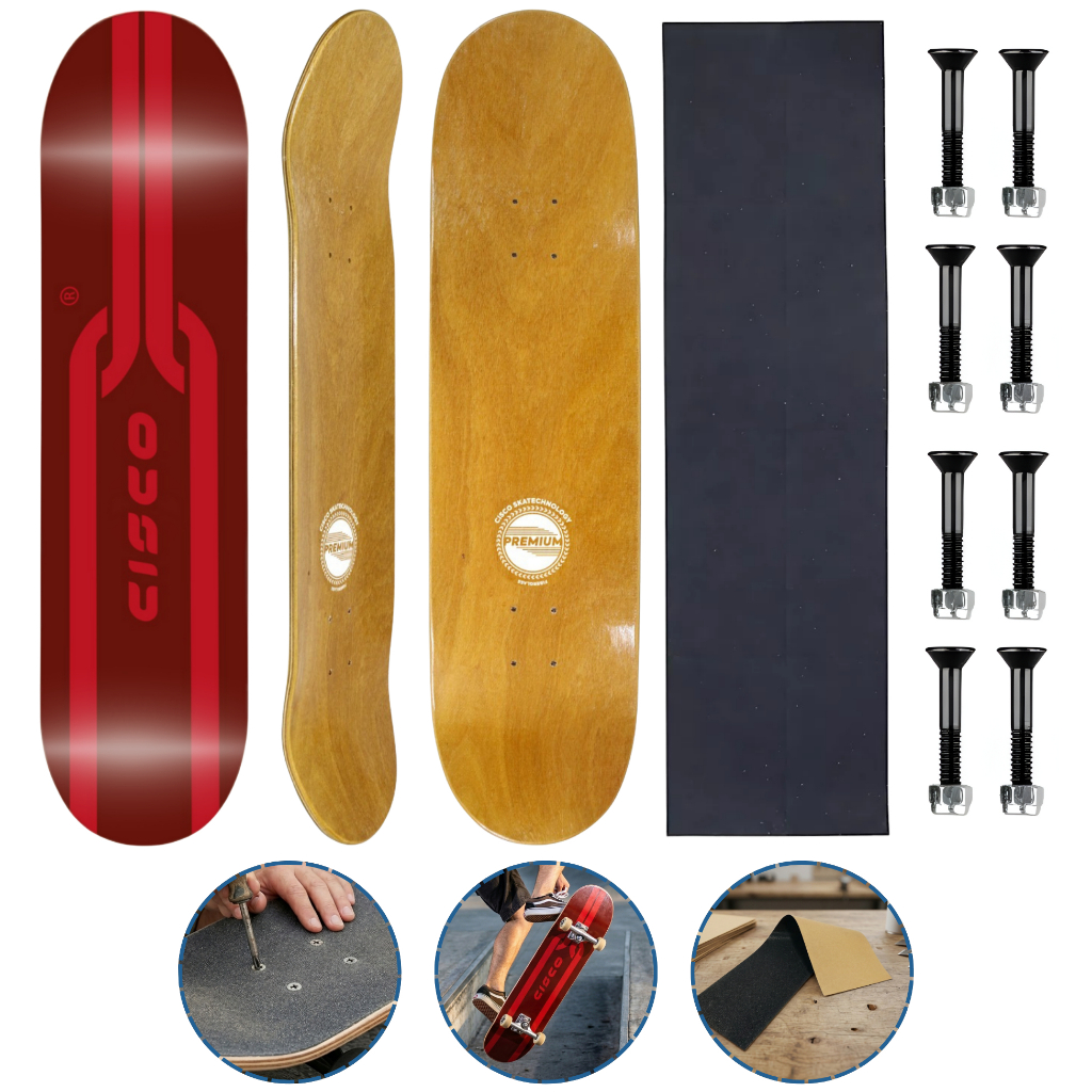 Shape Skate Fiber Glass Com Parafusos de Base e Lixa Emborrachada Cisco Skate Filigrama Vermelho