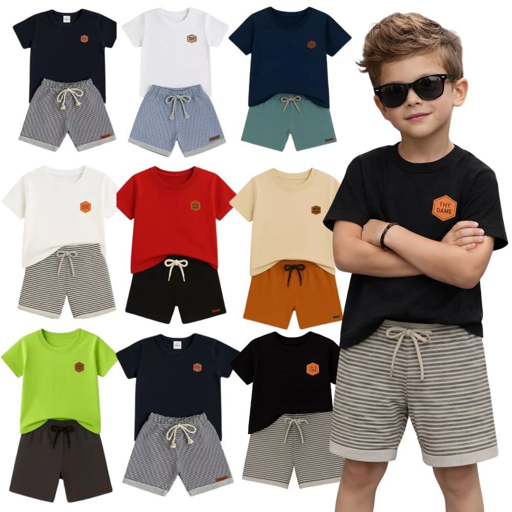 Kit Conjunto Infantil Menino Liso do 2 ao 12 Anos Cores Sortido | Roupa Infantil Menino | Camiseta Algodão + Bermuda