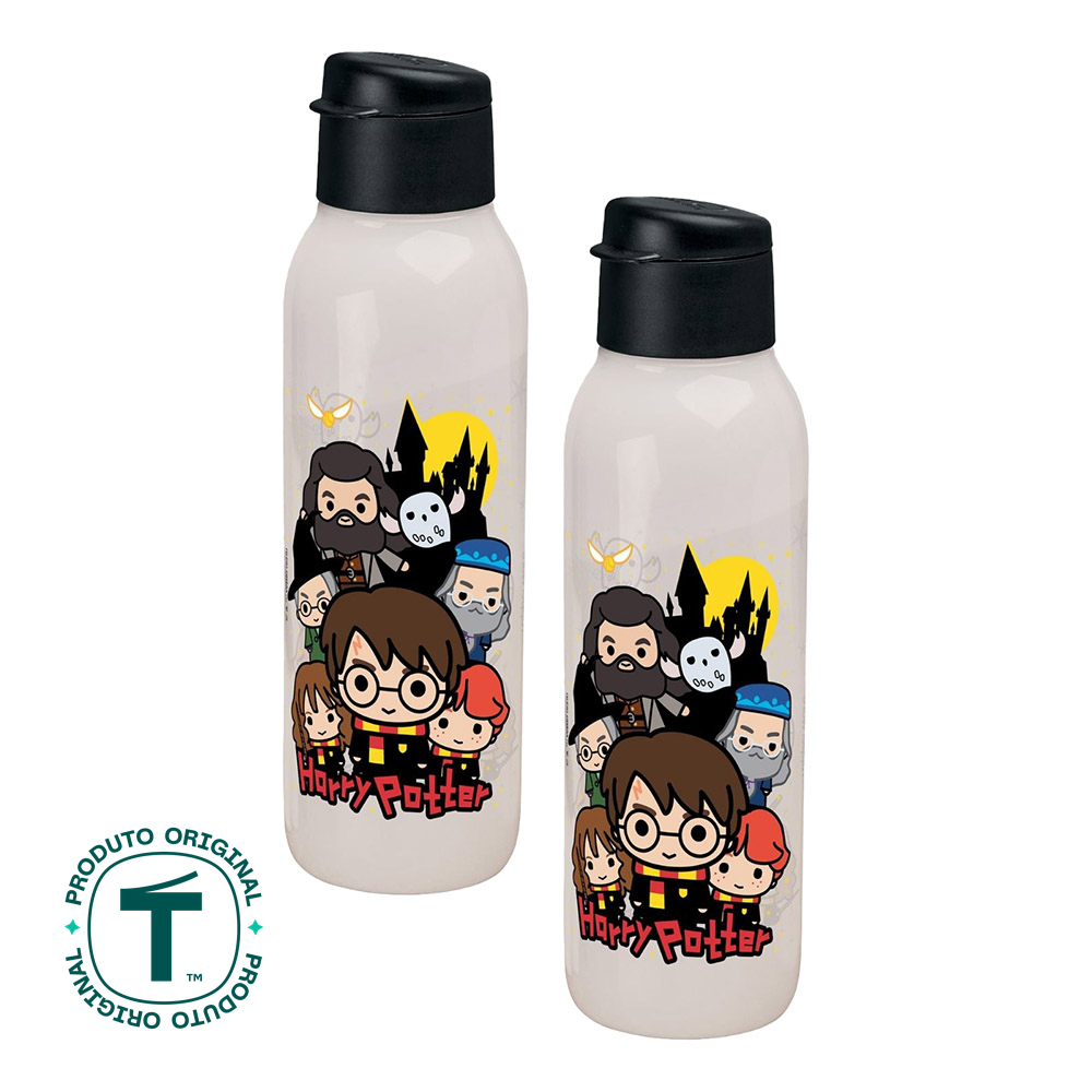 Kit 2 Garrafas de Água Tupperware Eco Tupper Redonda Plus Harry Potter Colorida 750ml