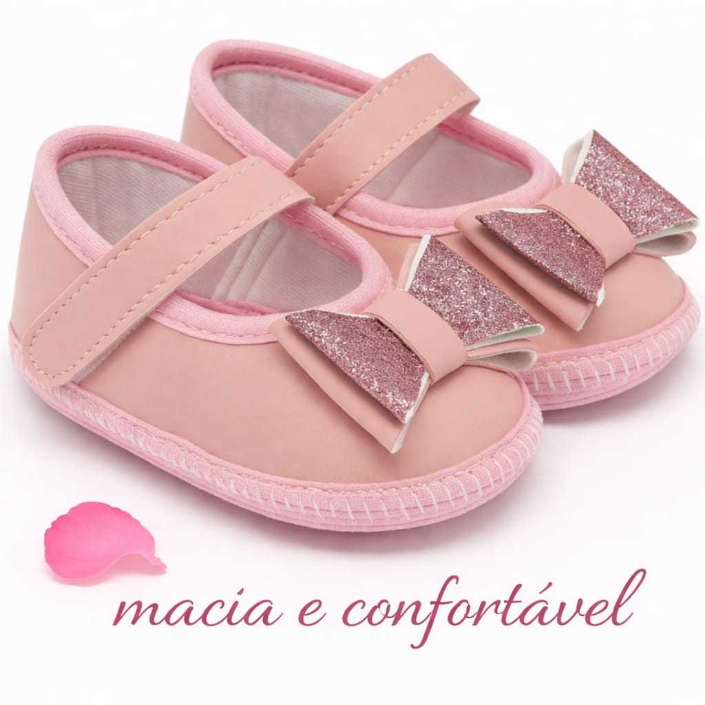 Sapatilha Bebê Menina Laço Glitter Macia Confortável Antiderrapante Recém Nascido 0-12 Meses Rosa