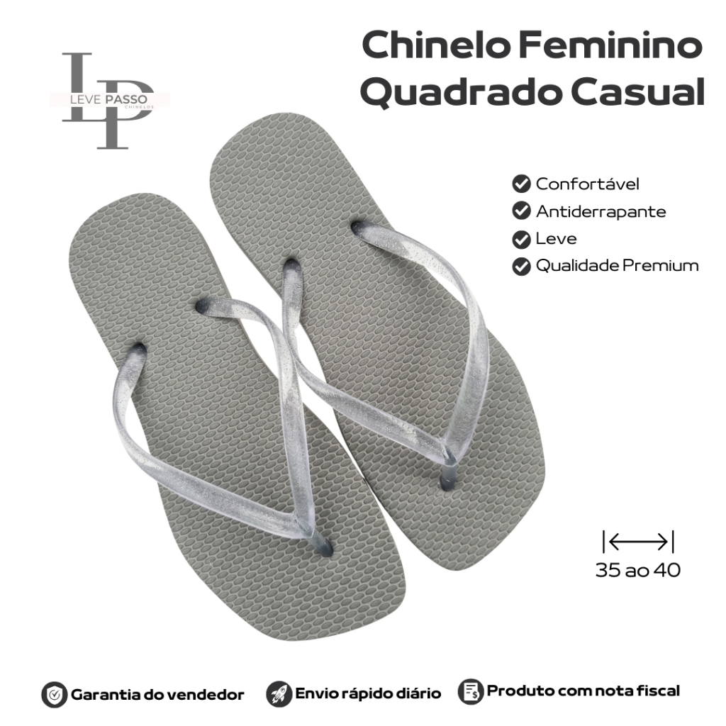 Chinelo LevePasso Quadrado Cinza Feminino Confortável Antiderrapante Numeração 35 ao 40 Casual Leve Dia a Dia
