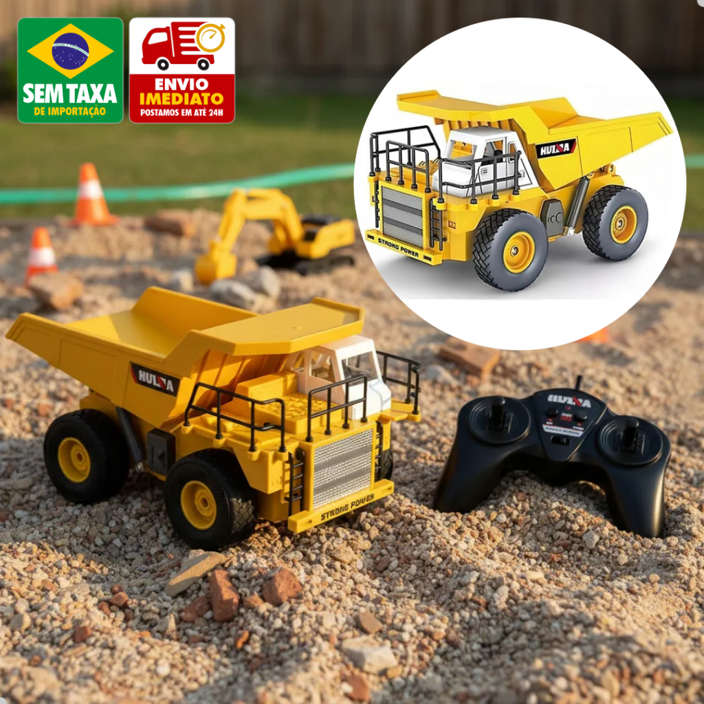 Caminhão Basculante RC 1:24 Controle Remoto 6 Canais Recarregável Caçamba Funcional