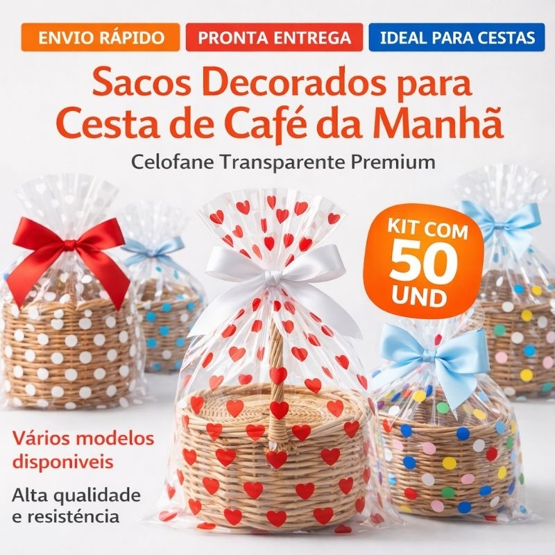 50 sacos celofane transparente e decorado 10x15 ao 45x60