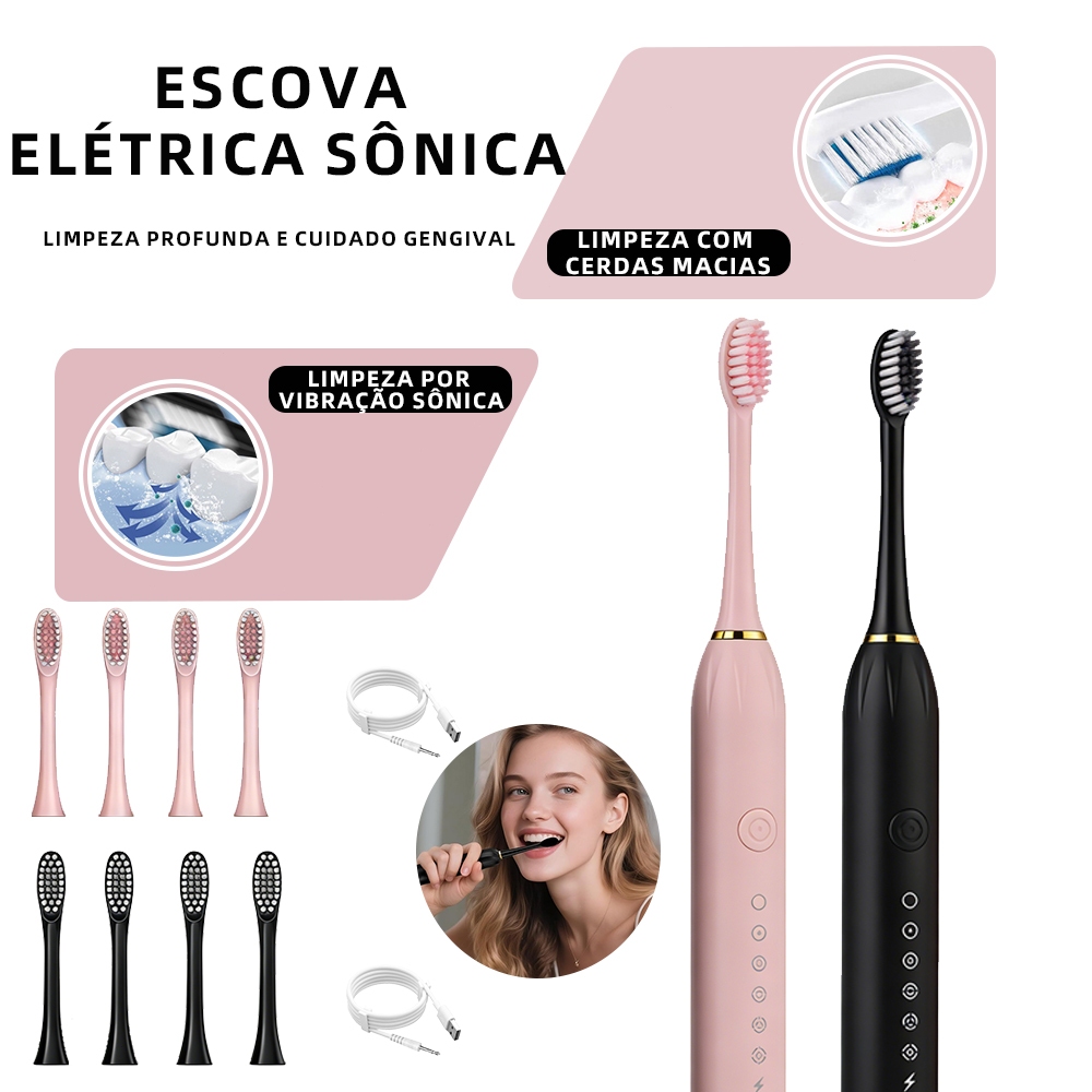 Kit Escova de Dente Elétrica 2 Unidades | IPX7 À Prova dÁgua + 7 Modos + 8 Cabeças | Recarregável Portátil para Casa