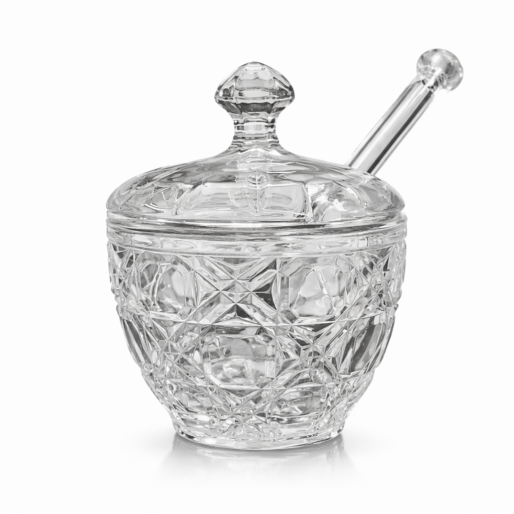Meleira Vidro Cristal 188ml com Colher Dosadora Pote para Guardar Mel Design Chique Premium Luxo