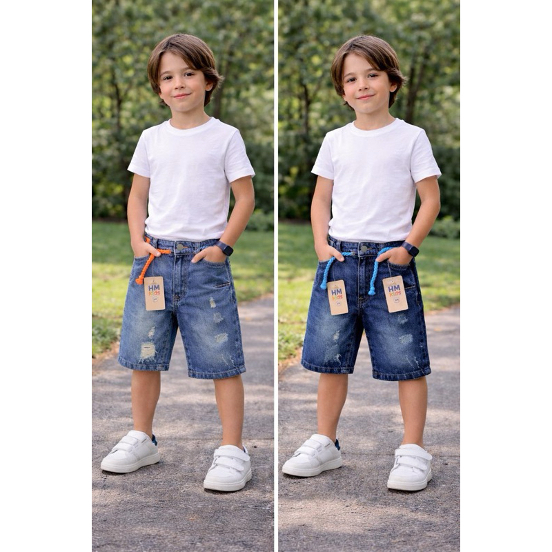 Kit 2 Shorts Jeans Infantil Masculino estilo jogador Confortável com Cordão 4 ao 16”