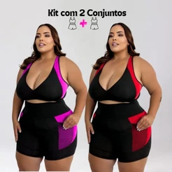 Kit 2 Conjuntos Moda Fitness Plus Size Feminino Short + Top Cintura Alta Tendência Plus Academia