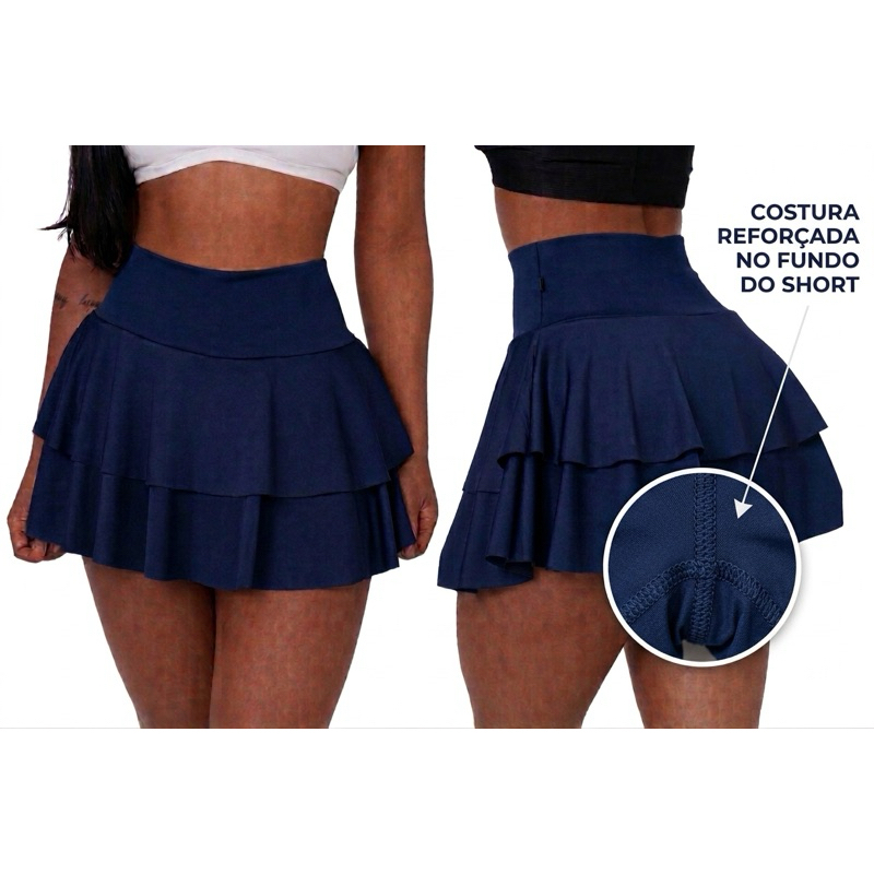 Short Saia Fitness Babado Dupla Camada Cintura Alta Não Transparente Costura Reforçada Modela Corpo Academia Feminina