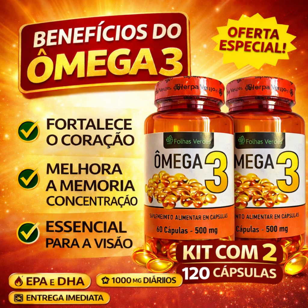 Ômega 3 Óleo de Peixe Cápsulas – Suplemento Natural com EPA e DHA - Envio imediato - Folhas Verdes