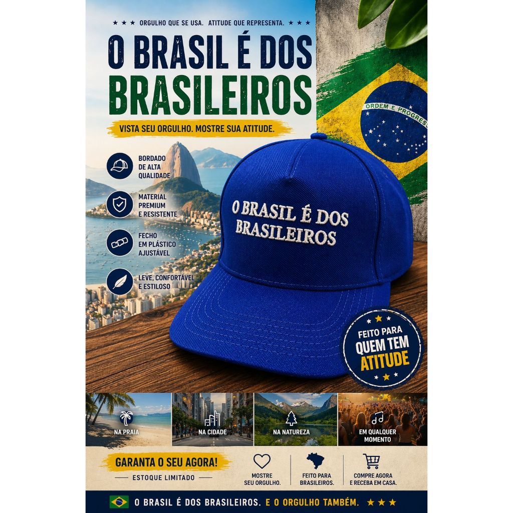 BONÉ BORDADO - O BRASIL É DOS BRASILEIROS - ALGODÃO - ORIGINAL (ENVIO IMEDIATO)