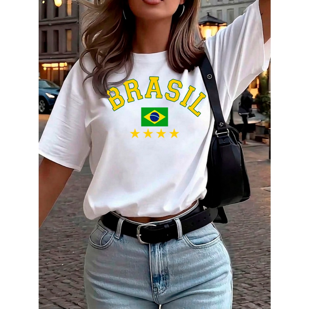 Camiseta Brasil Feminina Escrita Retro Estrela Bandeira Estilo Fashion 100% Algodão Super Confortável  P ao G