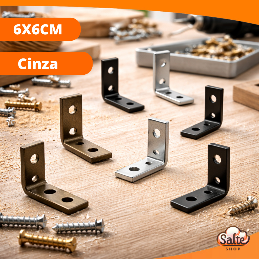 Kit 40 Cantoneiras 6cm Mão Francesa Suporte Para Prateleira Móveis Armário Estante Reforçada Cinza