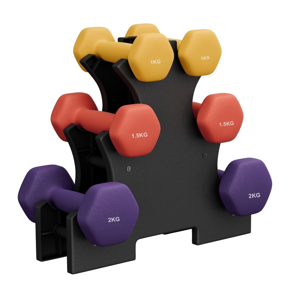 Imagem SONGMICS Conjunto de Pesos Neoprene, Halteres Sextavados com Suporte, Exercícios em Casa, Antiderrapante, Amarelo, Laran
