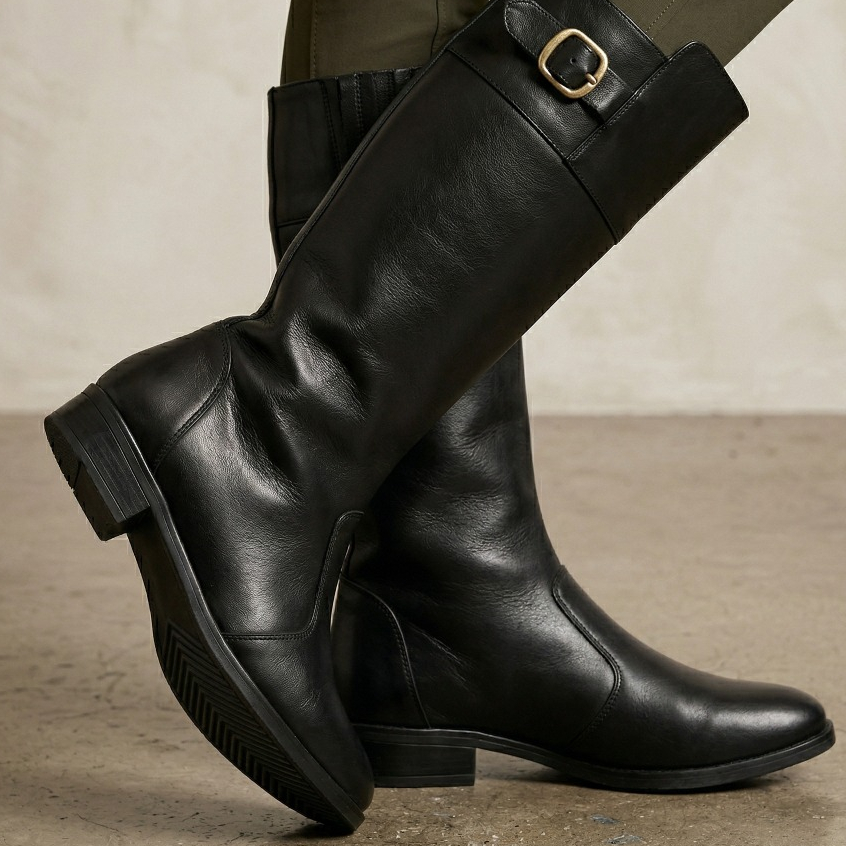 Bota Monalisa Feminina Cano Alto Preta Couro Sintético Salto  Baixo Fivela Elegante Confortável Moda