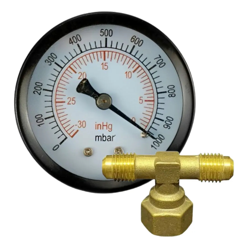 Vacuômetro Analógico Eolo com Adaptador Tee 1/4 x 1/4 Sae x 1/8 Npt | Medidor de Vácuo para Bomba de Vácuo Refrigeração