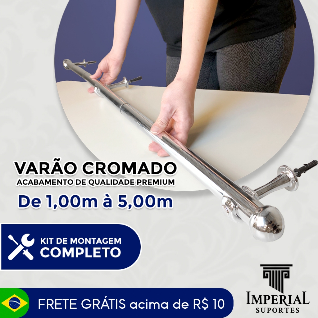 Varão de Cortina Cromado em Aço (Suporte Europeu) - 1 Metro à 5 Metros 19mm e 28mm - Várias Medidas