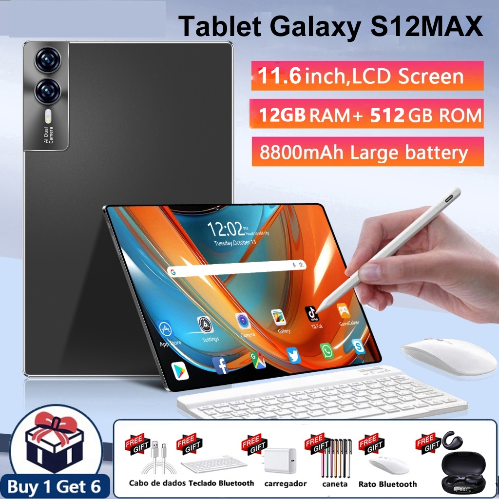 [Com teclado e mouse] Tablet Origina  S12 Max 11,6 polegadas HD Android14 12GB+512GB TF jogo com Muitospresentes