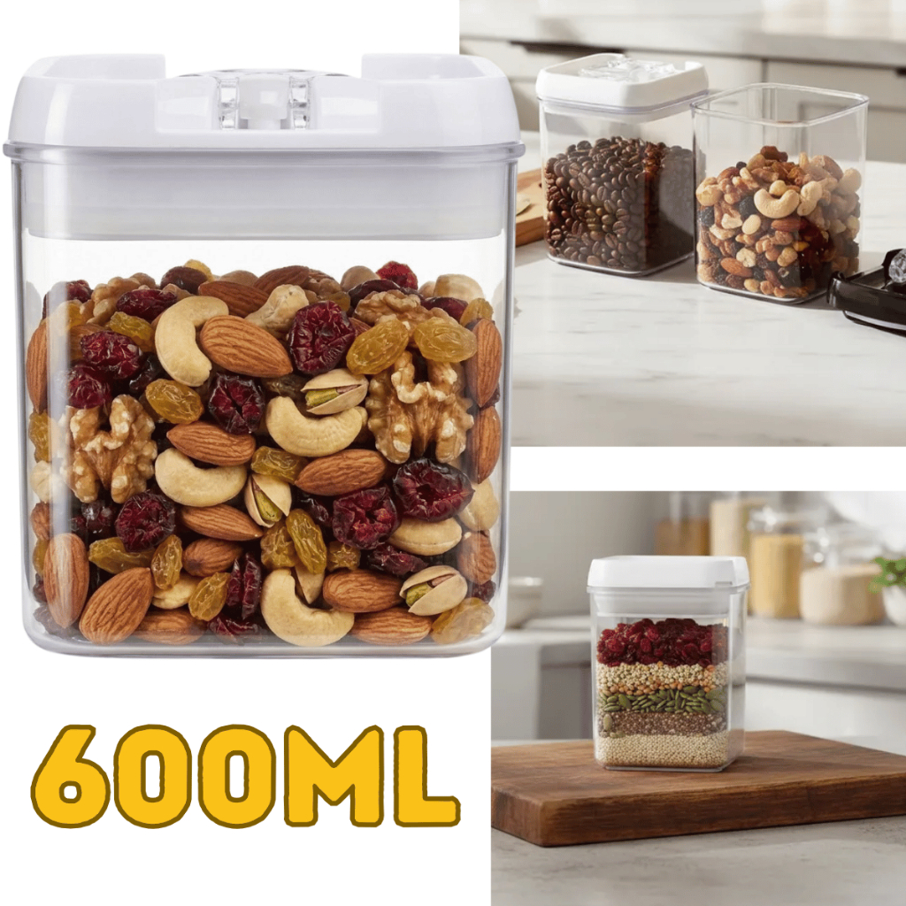 Frasco 600ml Vedado Transparente com Fechos para Grãos Cereais Biscoitos Guardar Despensa