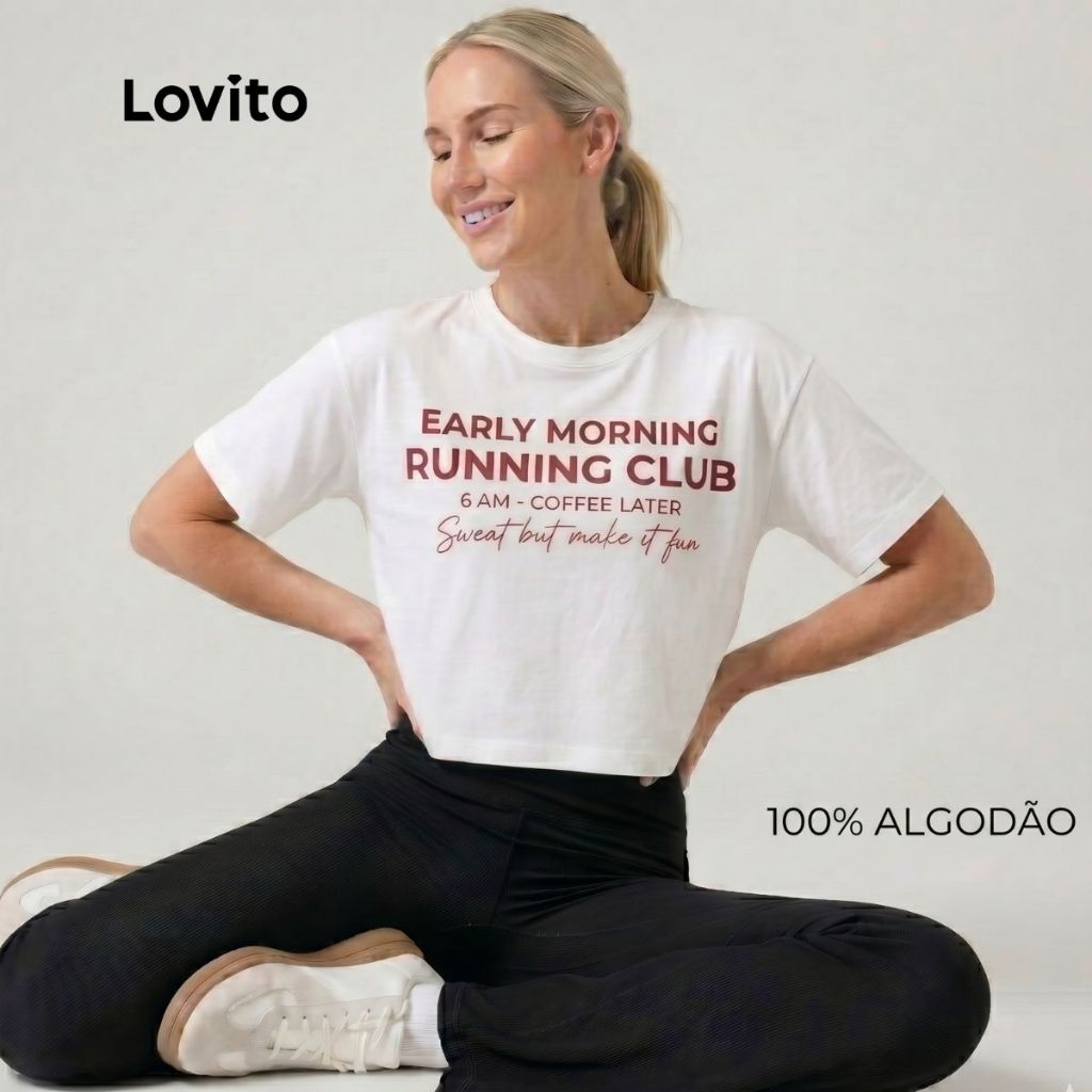 Lovito T-shirt Feminina Esportiva Algodão Estampa Running Club BROTB16871718