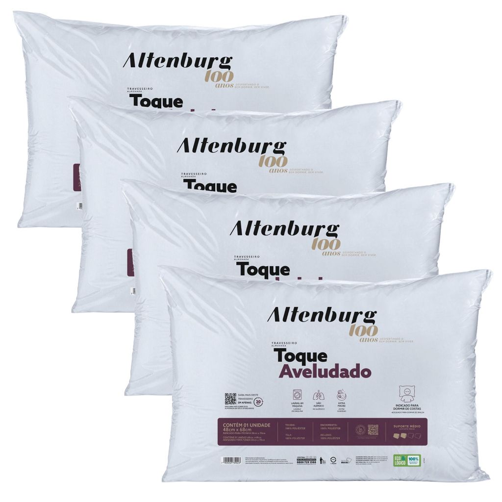 Kit 4 Travesseiro Altenburg Toque Aveludado Suporte Médio Antialérgico Macio Lav