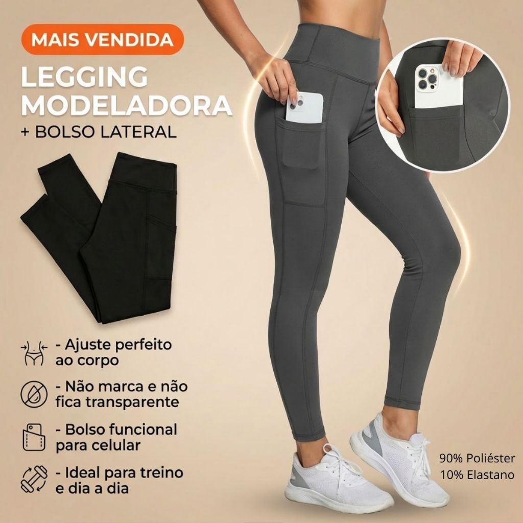 Calça Legging Feminina Bolso Lateral Academia Zero Transparência Fitness Cintura Alta