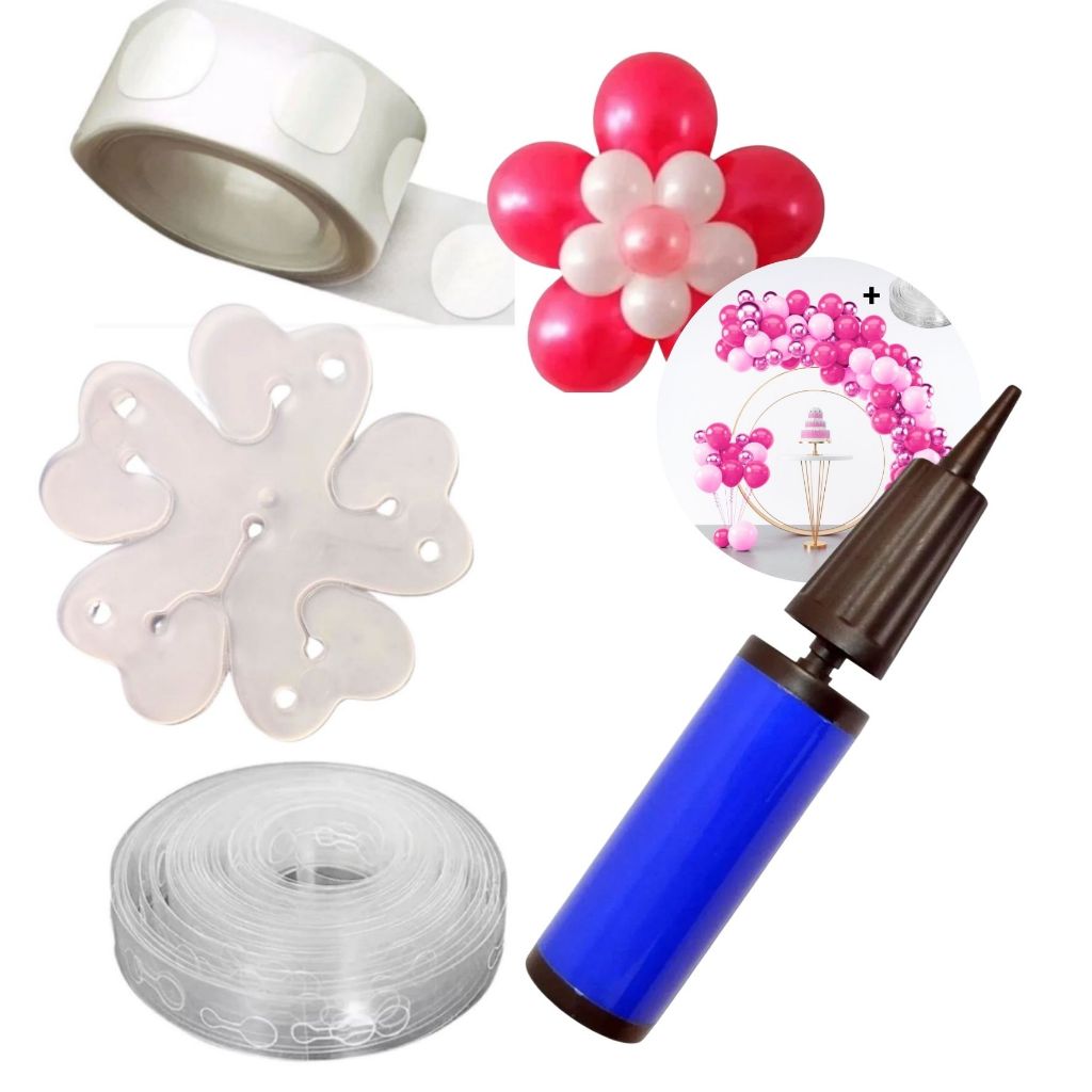 Kit Arco Para Balões 5m + 100 Colas + 10 Bases Para Flor + Bomba de Encher