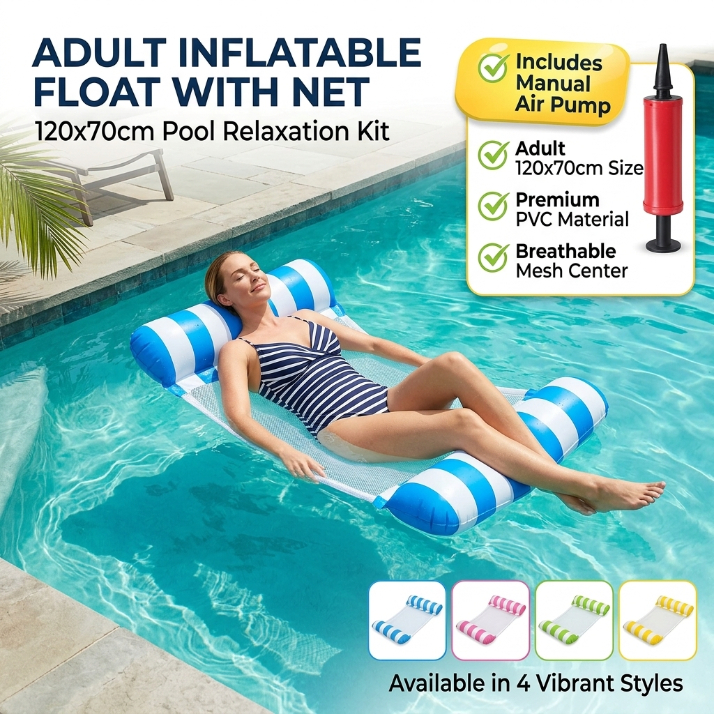 Bóia Inflável Adulto com Rede + Bomba de Ar 120x70cm – Colchão Flutuante PVC para Piscina e Relaxamento