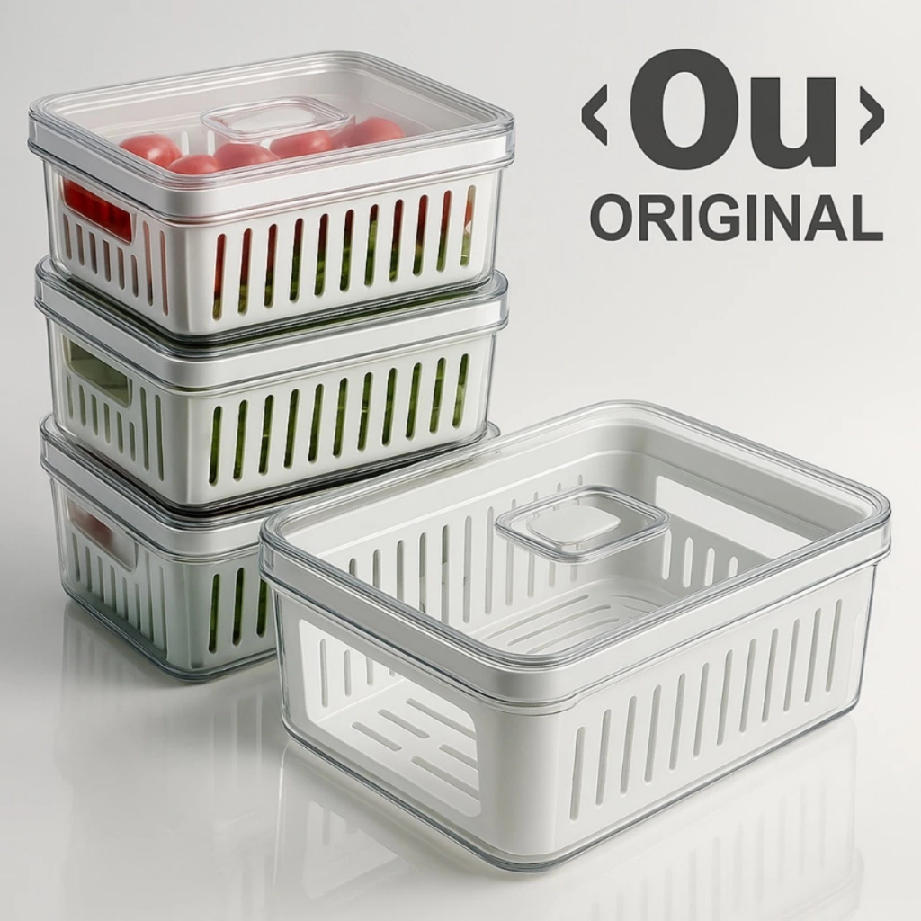 Kit Pote Organizador Geladeira com Escorredor Cesto Tampa Verduras STAZA Multiuso