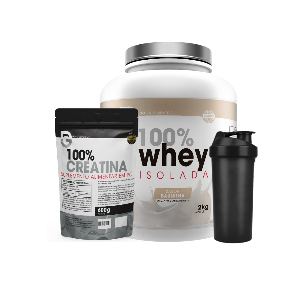 Kit Whey Protein 100% Isolada 2kg + Creatina Pura 600g + Coqueteleira - DG Labs