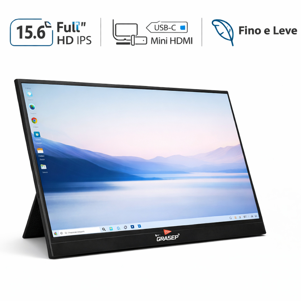 Monitor Portátil 15.6" Full HD IPS USB-C Mini HDMI Som Estéreo 60Hz para Notebook PC Celular
