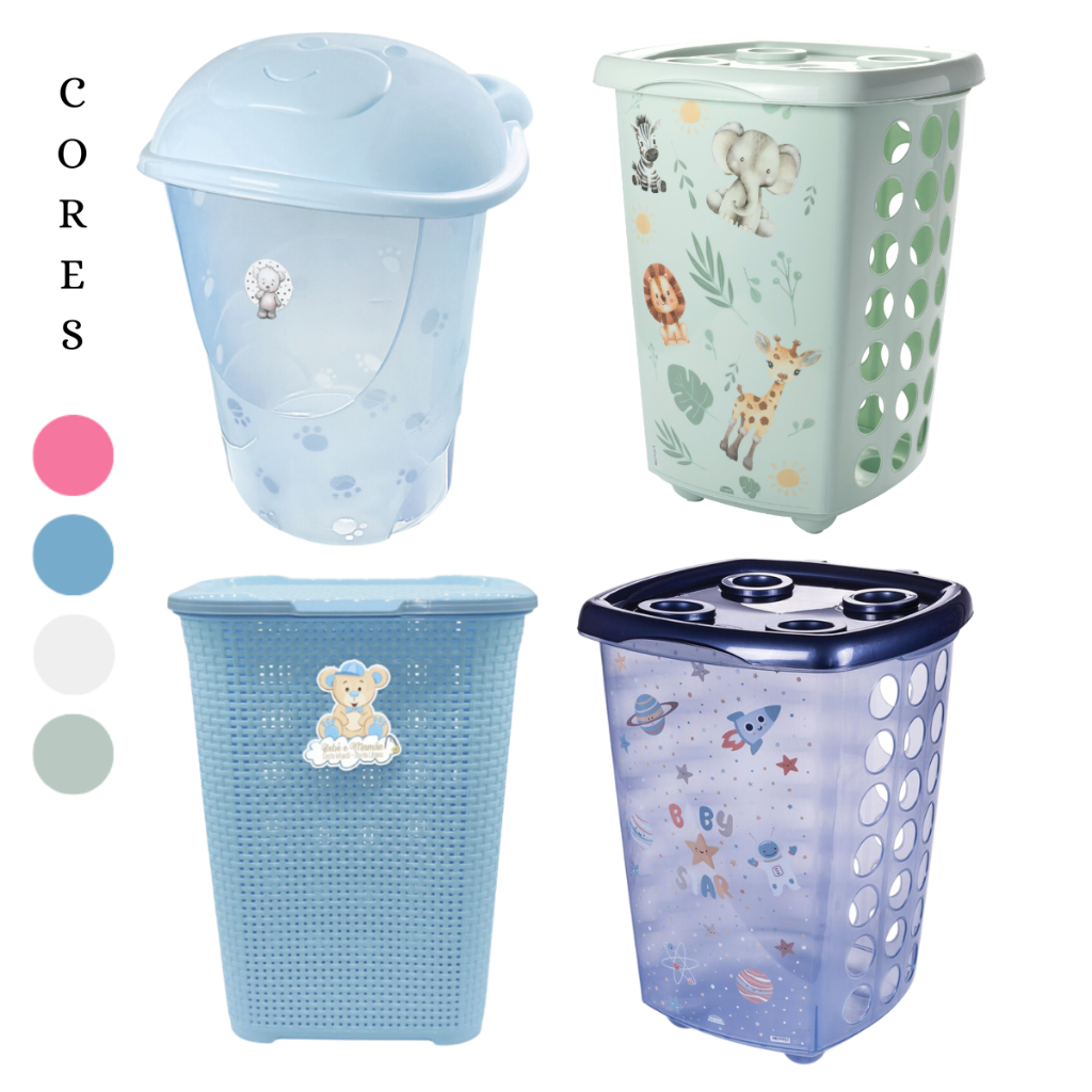CESTO DE ROUPAS PARA BEBÊ INFANTIL COM TAMPA DE URSO  50L - ADOLETA OU PLASTIBABY