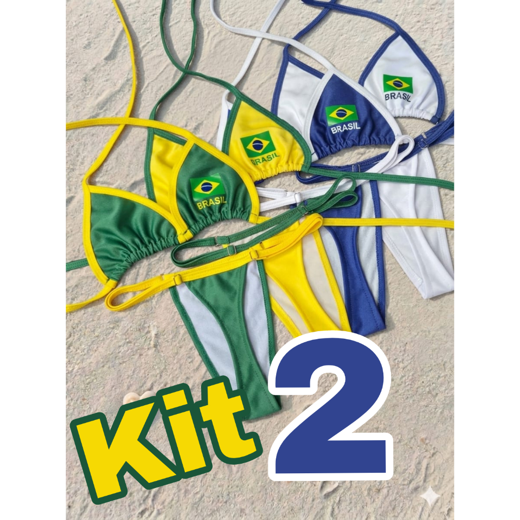 Kit 2 Biquínis Brasil Cortininha Ajustável - Moda Praia Verão