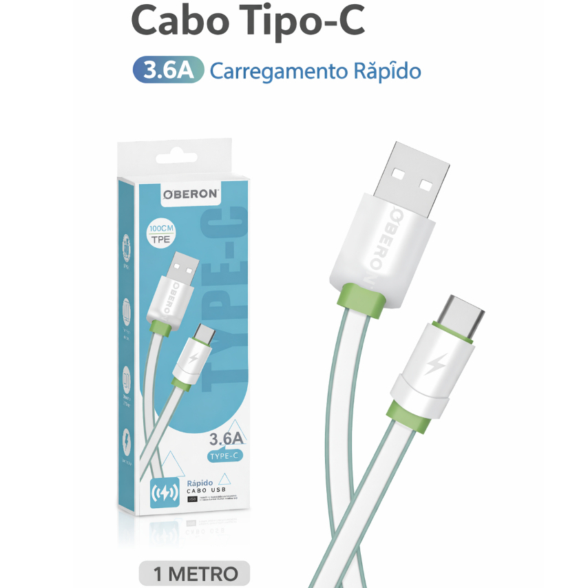Cabo Tipo C 3.6A 1 Metro Carregamento Rápido Android USB-C Oberon